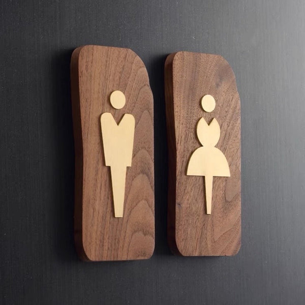 Custom Walnut Wood with Brass Washroom Sign, Bathroom Sign, Restroom Sign, Toilet Sign